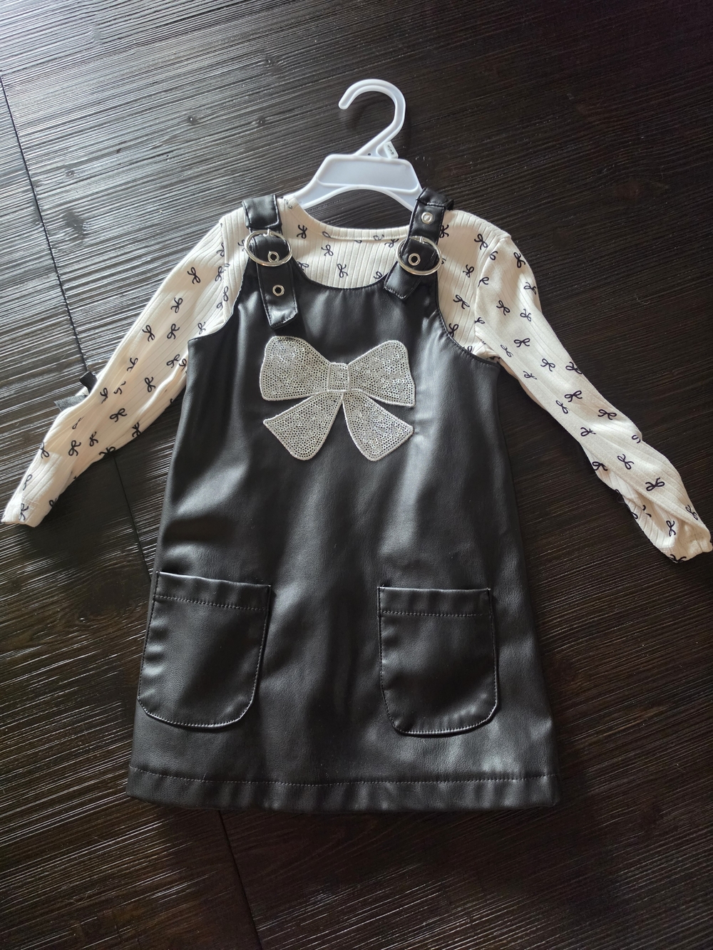 Nannette Black Faux Leather Pinafore with Silver Bow